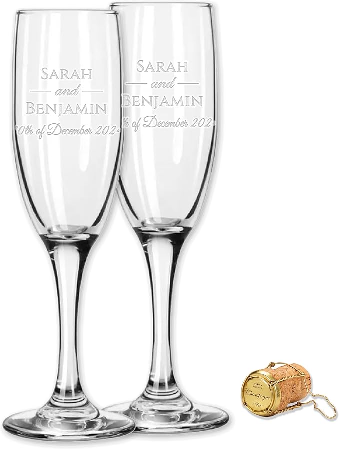 Custom Engraved Wedding Champagne Flutes, Personalized Couple Glasses, Set of 2