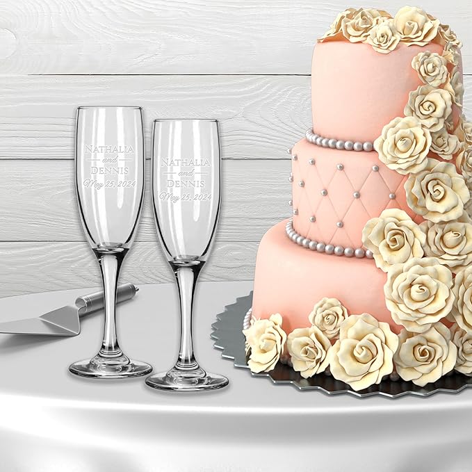 Custom Engraved Wedding Champagne Flutes, Personalized Couple Glasses, Set of 2