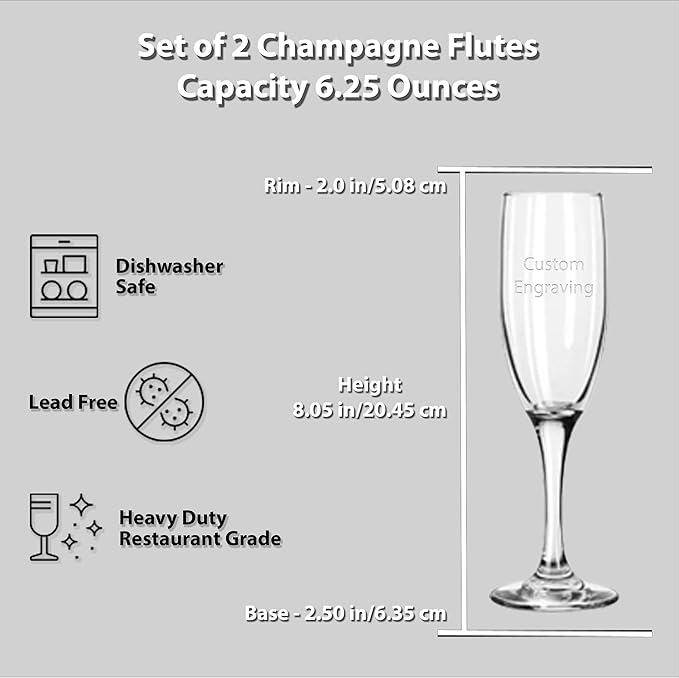 Custom Engraved Wedding Champagne Flutes, Personalized Couple Glasses, Set of 2