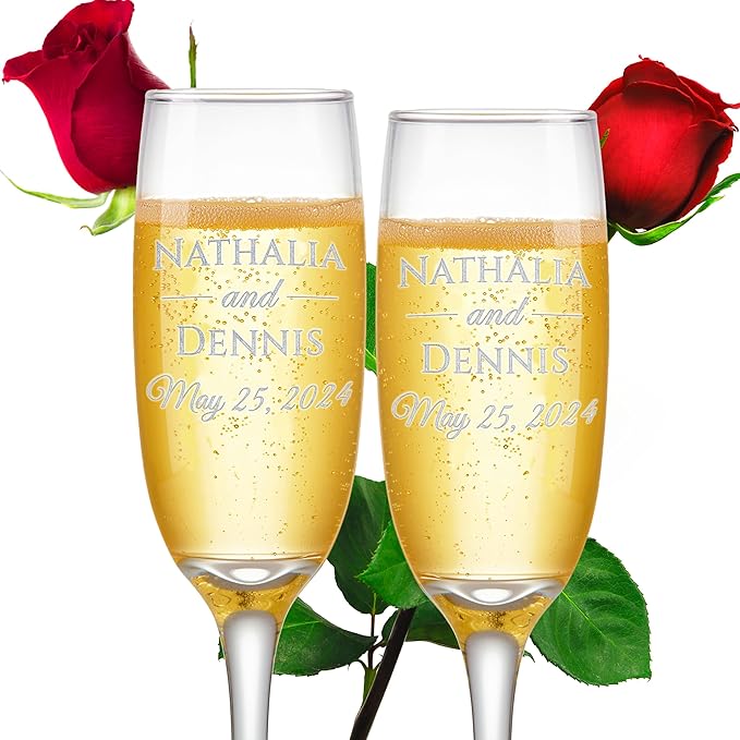 Custom Engraved Wedding Champagne Flutes, Personalized Couple Glasses, Set of 2