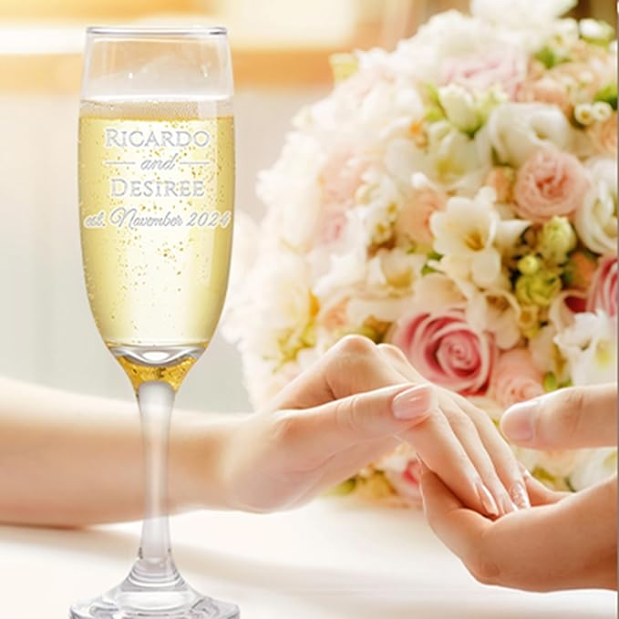 Custom Engraved Wedding Champagne Flutes, Personalized Couple Glasses, Set of 2