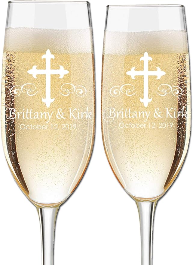 Etch Workz Custom Engraved Champagne Flutes | Cross Design | Set of 2 Glasses