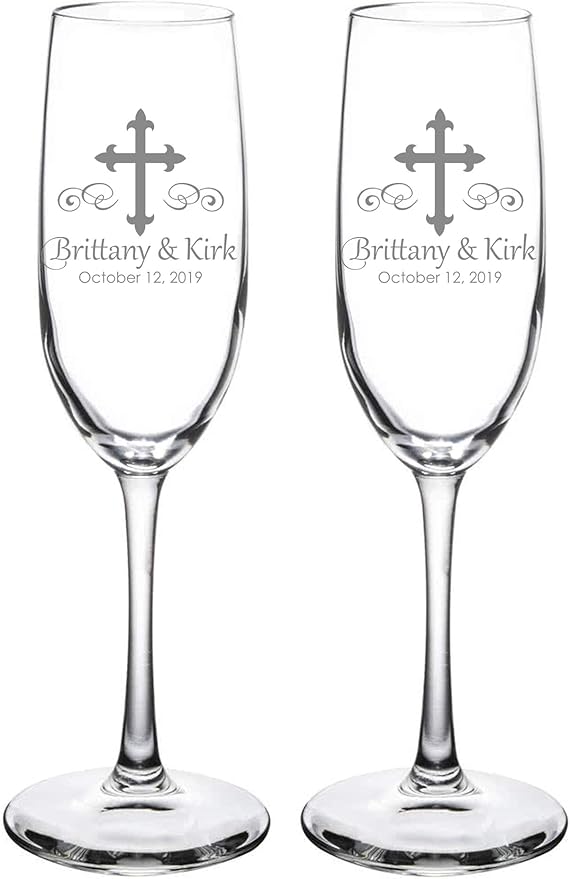 Etch Workz Custom Engraved Champagne Flutes | Cross Design | Set of 2 Glasses
