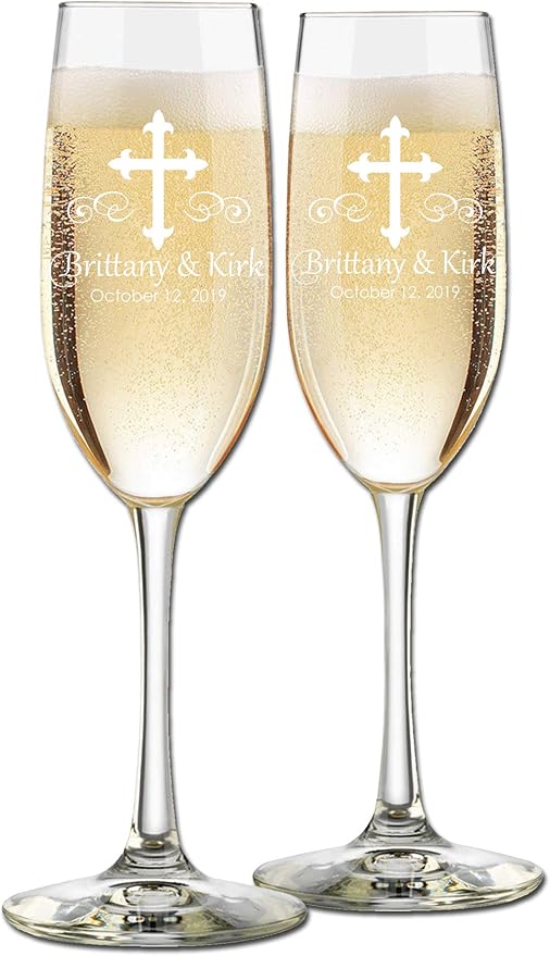 Etch Workz Custom Engraved Champagne Flutes | Cross Design | Set of 2 Glasses