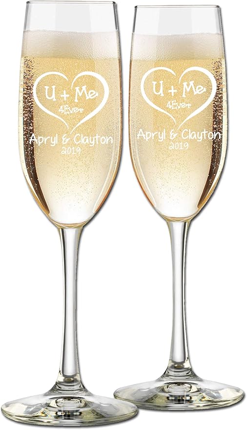 Etch Workz Custom Engraved Champagne Flutes | Couples Name and Date | Set of 2