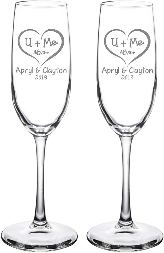 Etch Workz Custom Engraved Champagne Flutes | Couples Name and Date | Set of 2