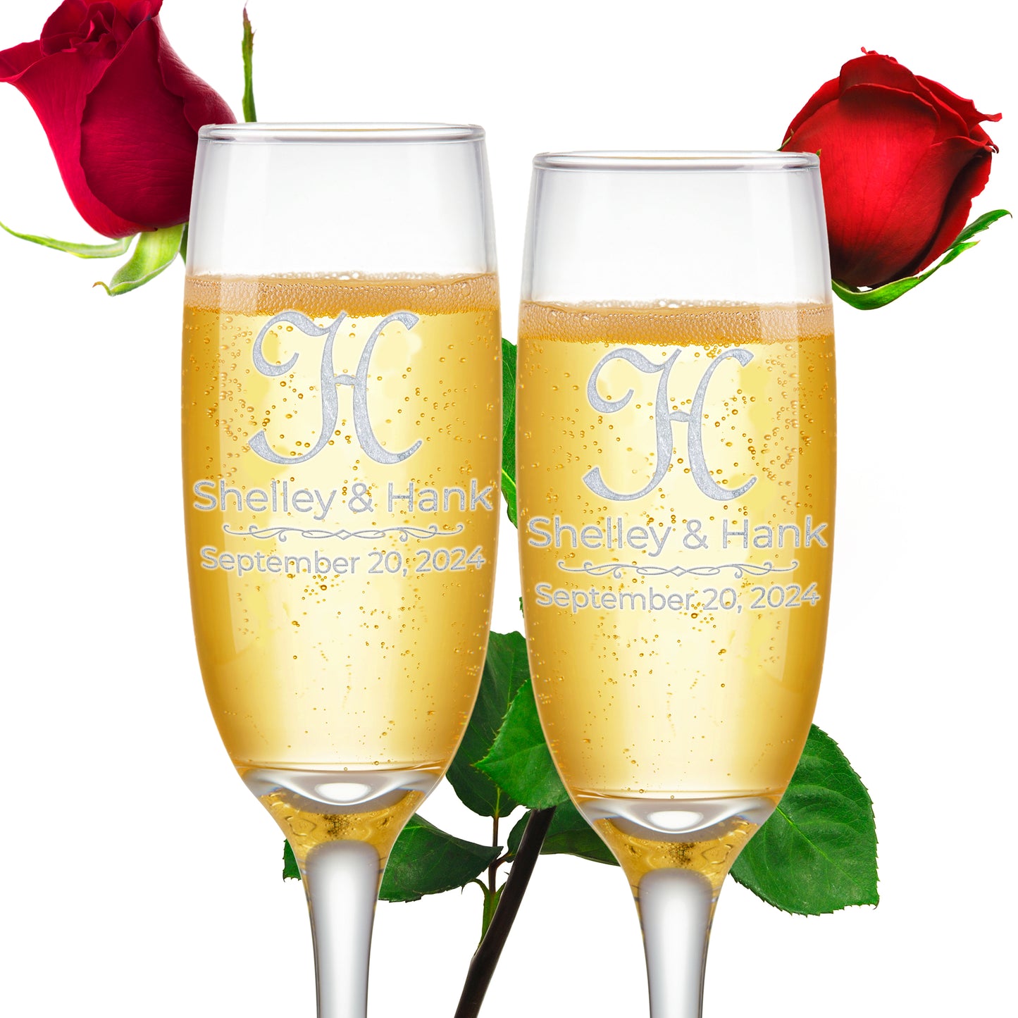 Custom Engraved Champagne Flutes | French Monogram Design | Set of 2