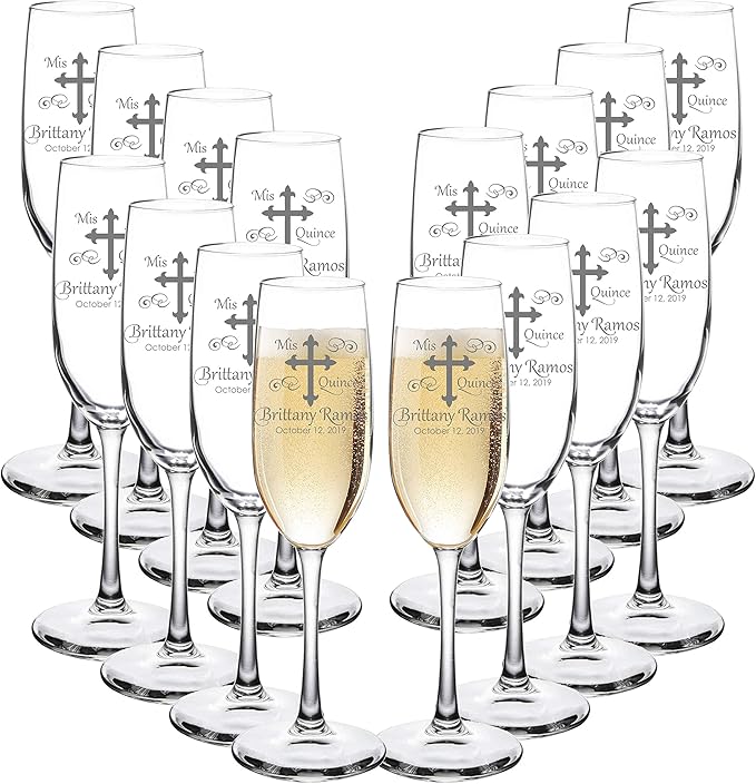 Etch Workz Customizable Quinceanera Champagne Flutes | Cross Design- Set of 16
