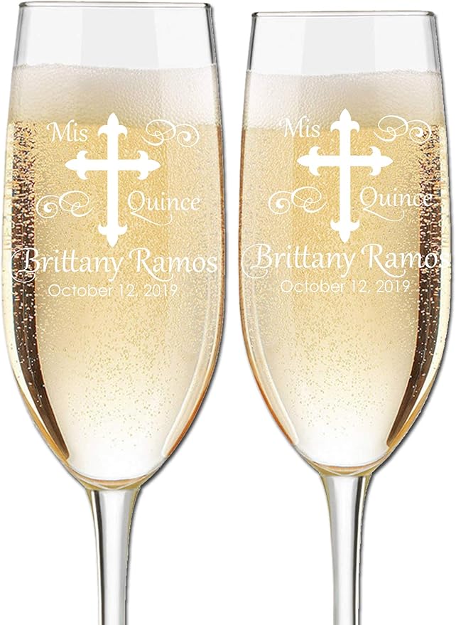 Etch Workz Customizable Quinceanera Champagne Flutes | Cross Design- Set of 16