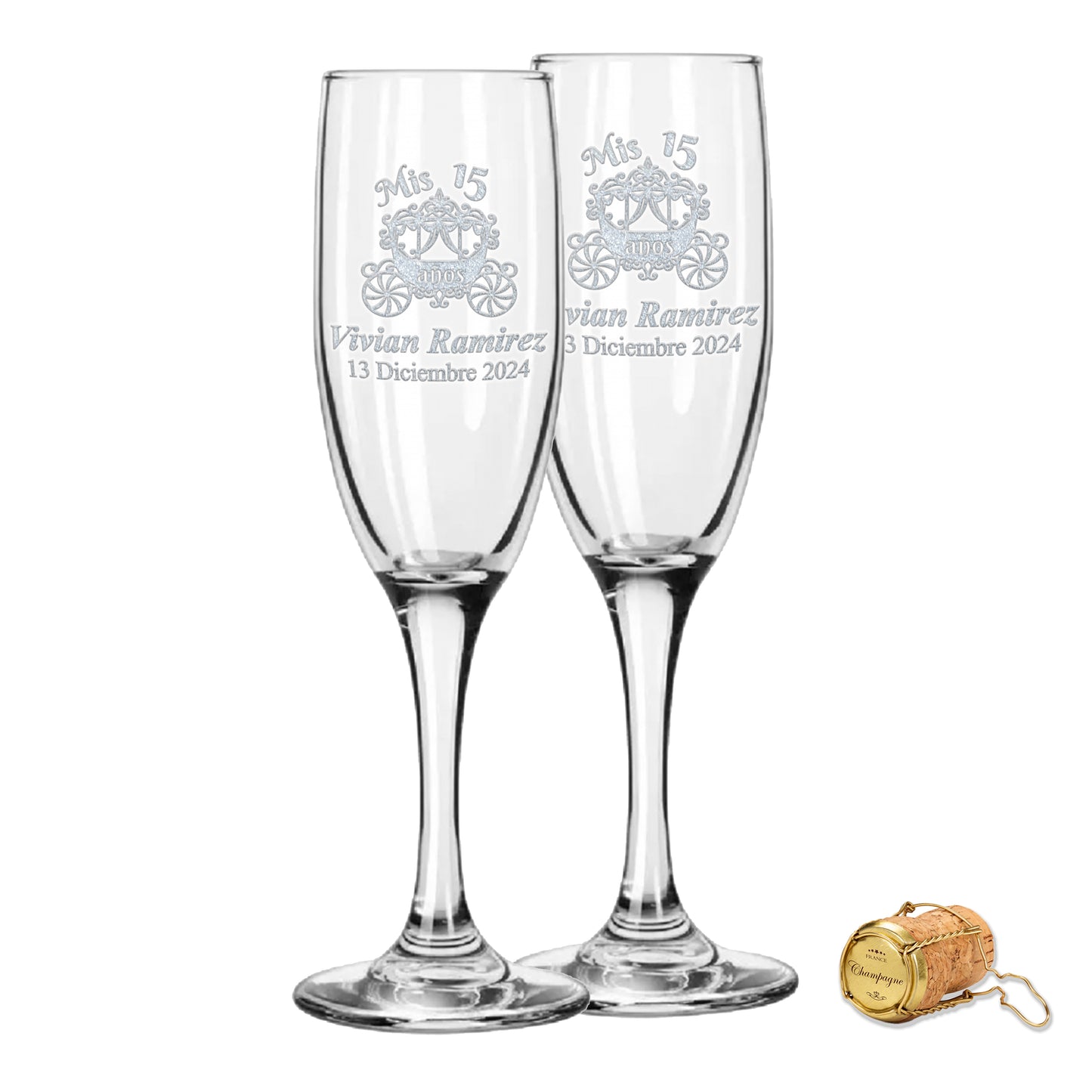 Custom Engraved Quinceanera Champagne Flutes | Princess Carriage Design | Set of 2