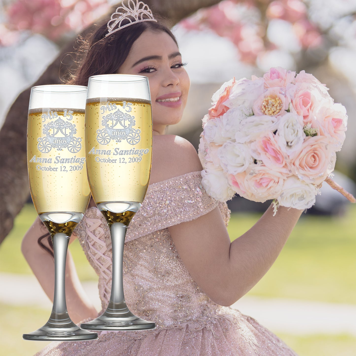 Custom Engraved Quinceanera Champagne Flutes | Princess Carriage Design | Set of 2