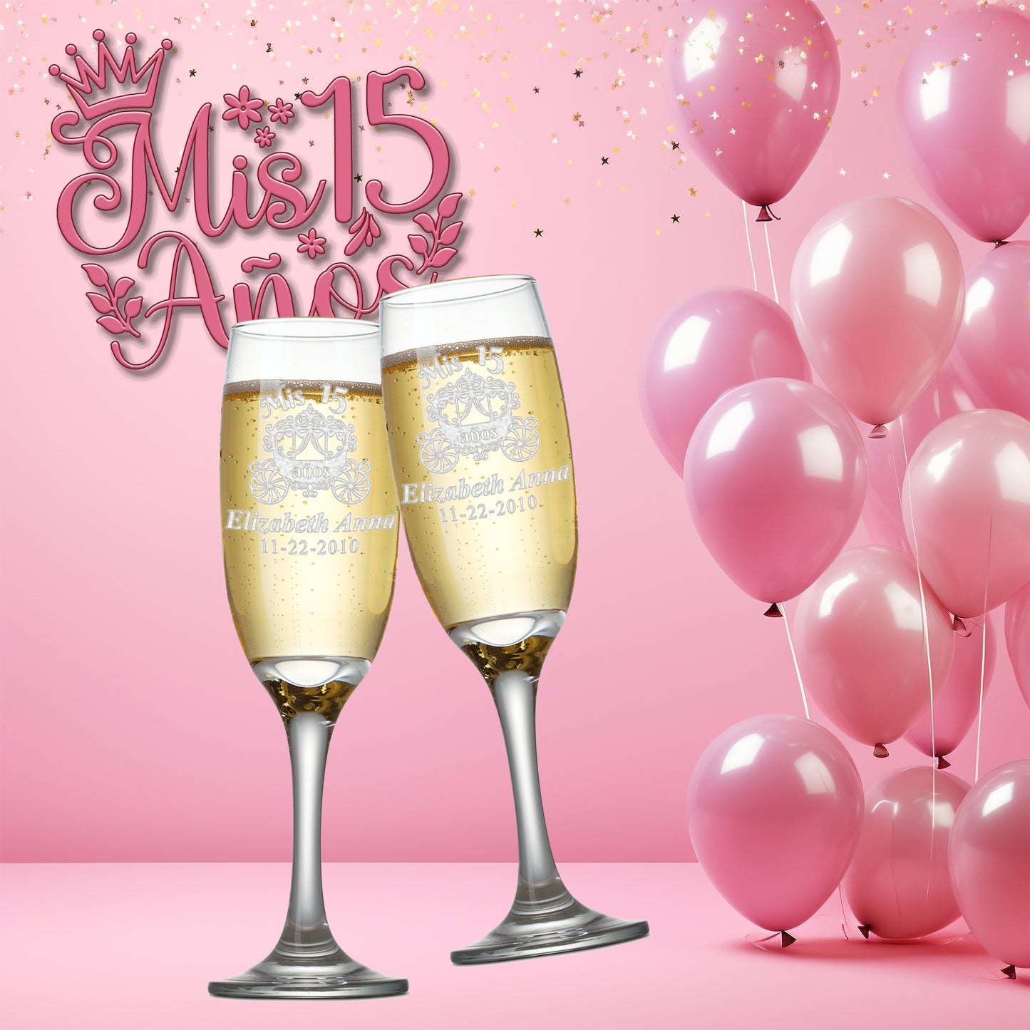Custom Engraved Quinceanera Champagne Flutes | Princess Carriage Design | Set of 2