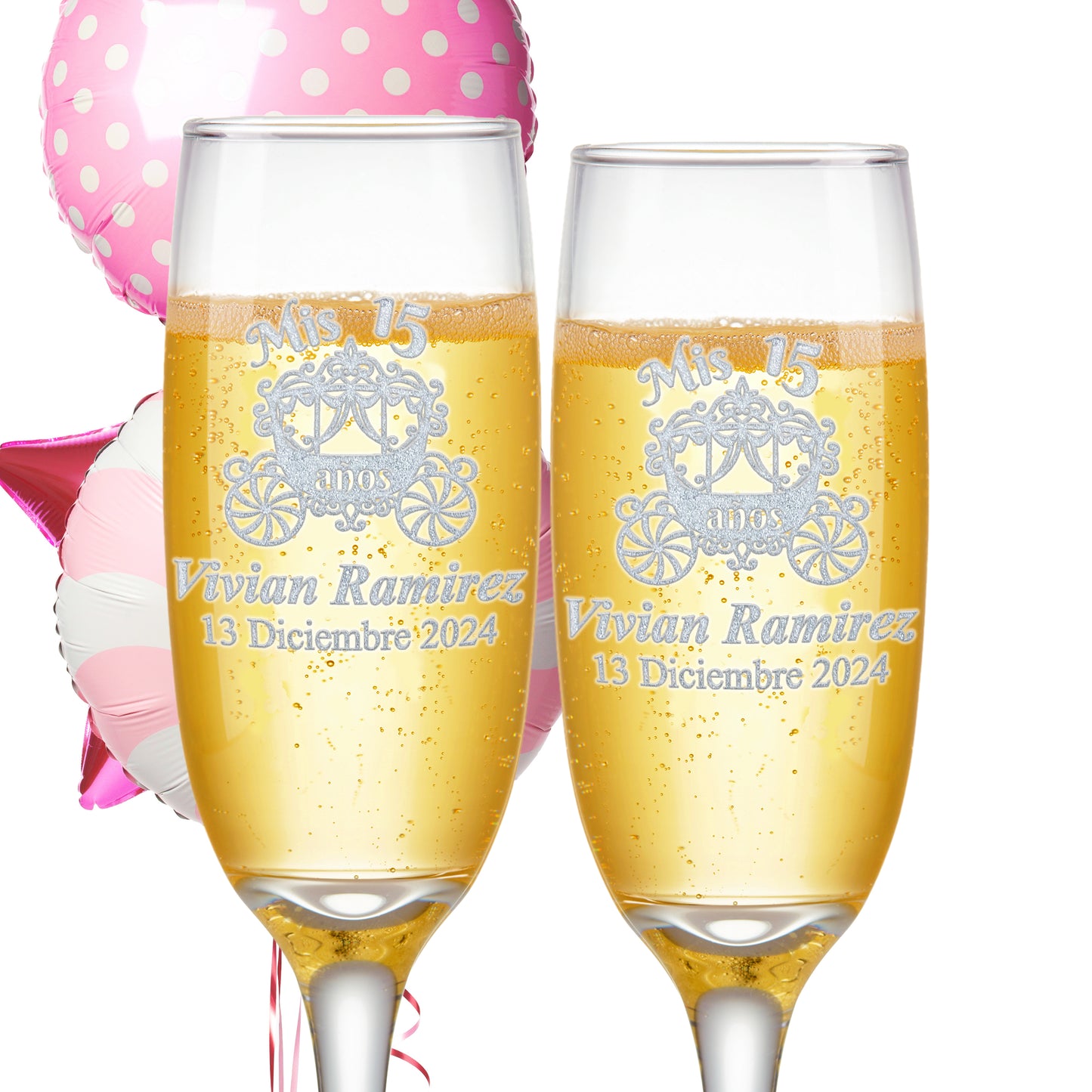 Custom Engraved Quinceanera Champagne Flutes | Princess Carriage Design | Set of 2