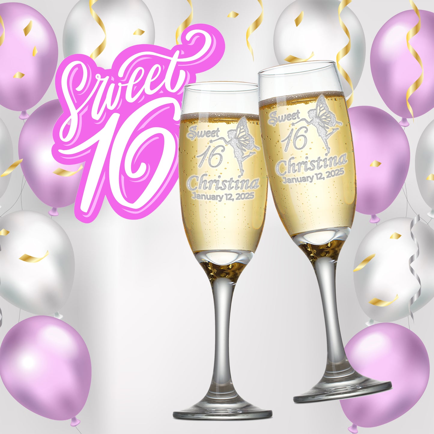 Custom Engraved Sweet 16 Champagne Flutes | Fairy Design | Choose Set of 2