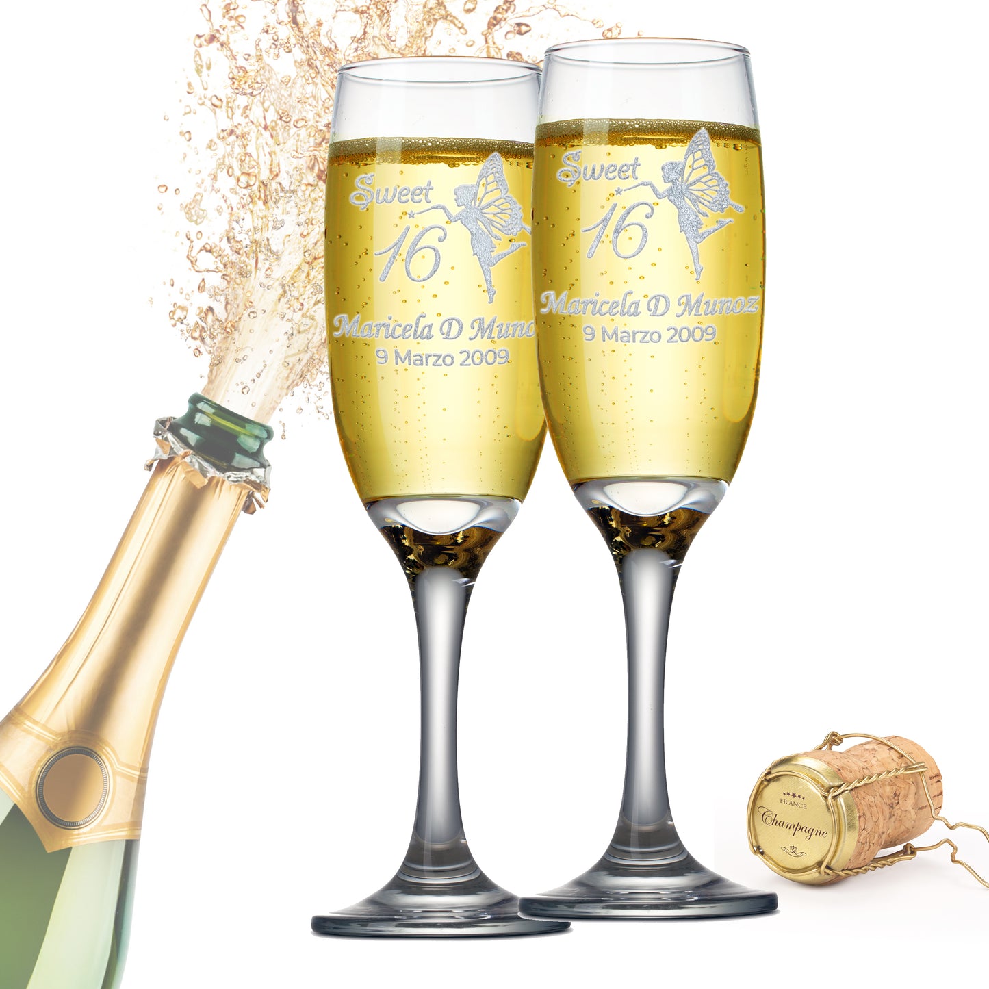Custom Engraved Sweet 16 Champagne Flutes | Fairy Design | Choose Set of 2