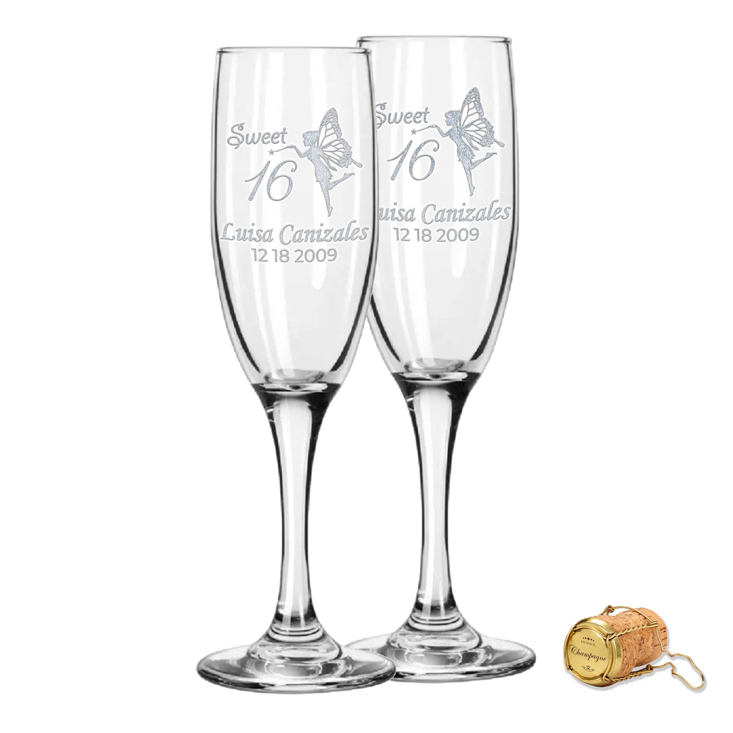 Custom Engraved Sweet 16 Champagne Flutes | Fairy Design | Choose Set of 2