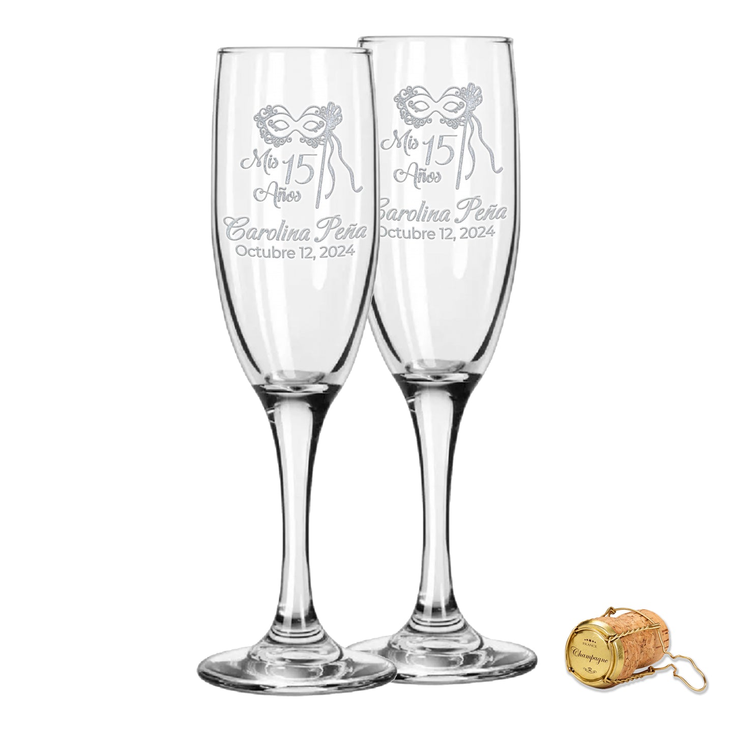 Etch Workz Custom Engraved Quinceanera Champagne Flutes, Mask Design | Set of 2