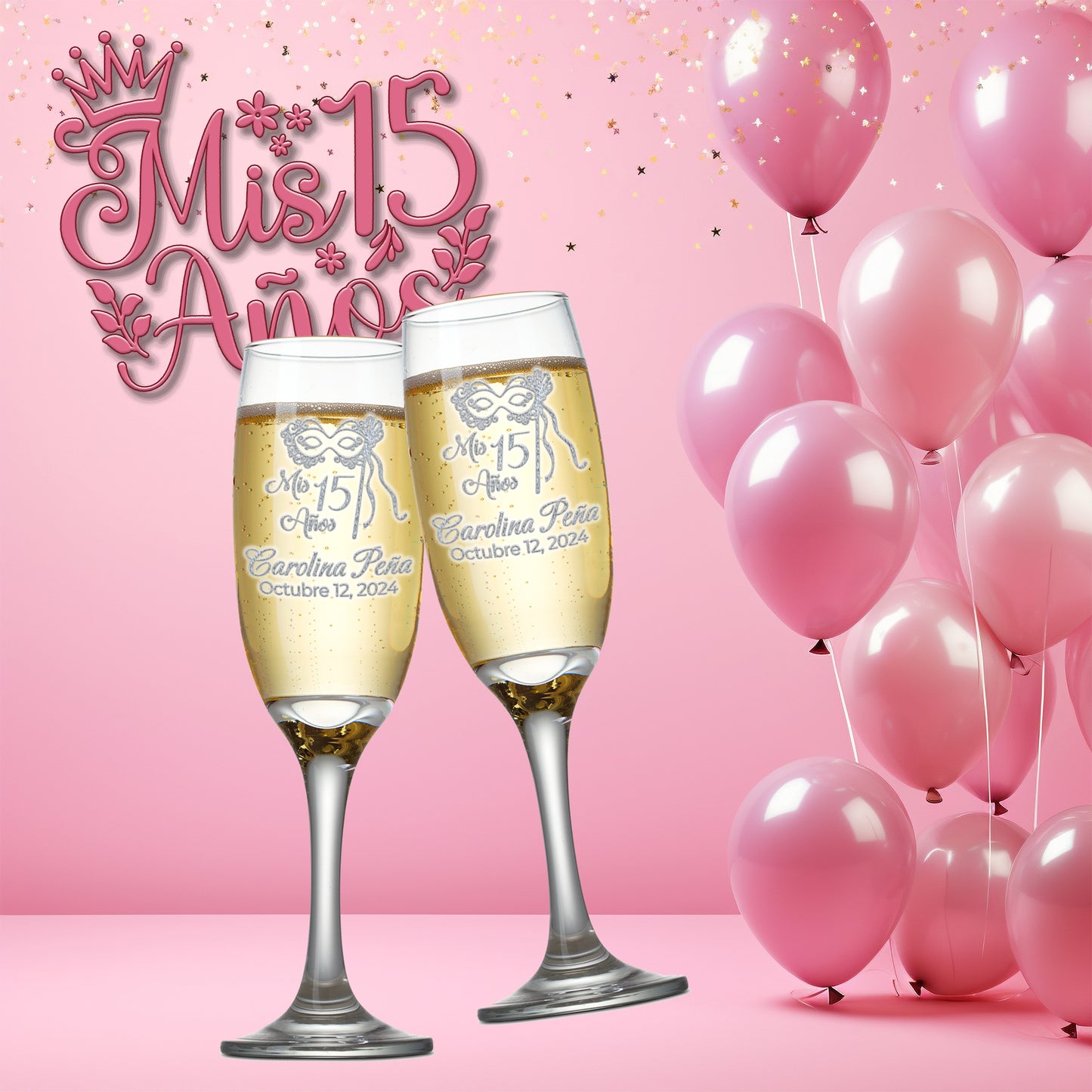 Etch Workz Custom Engraved Quinceanera Champagne Flutes, Mask Design | Set of 2