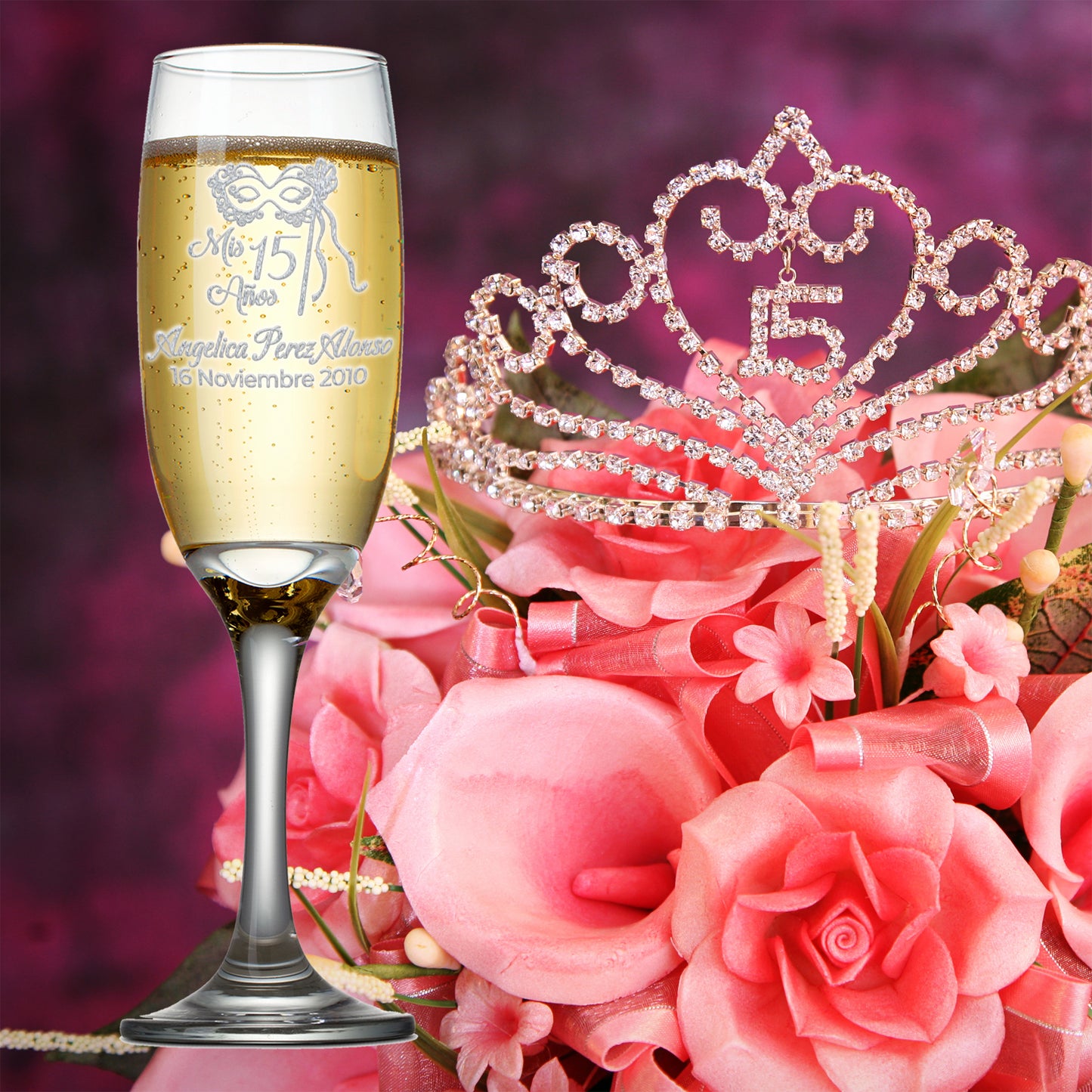 Etch Workz Custom Engraved Quinceanera Champagne Flutes, Mask Design | Set of 2