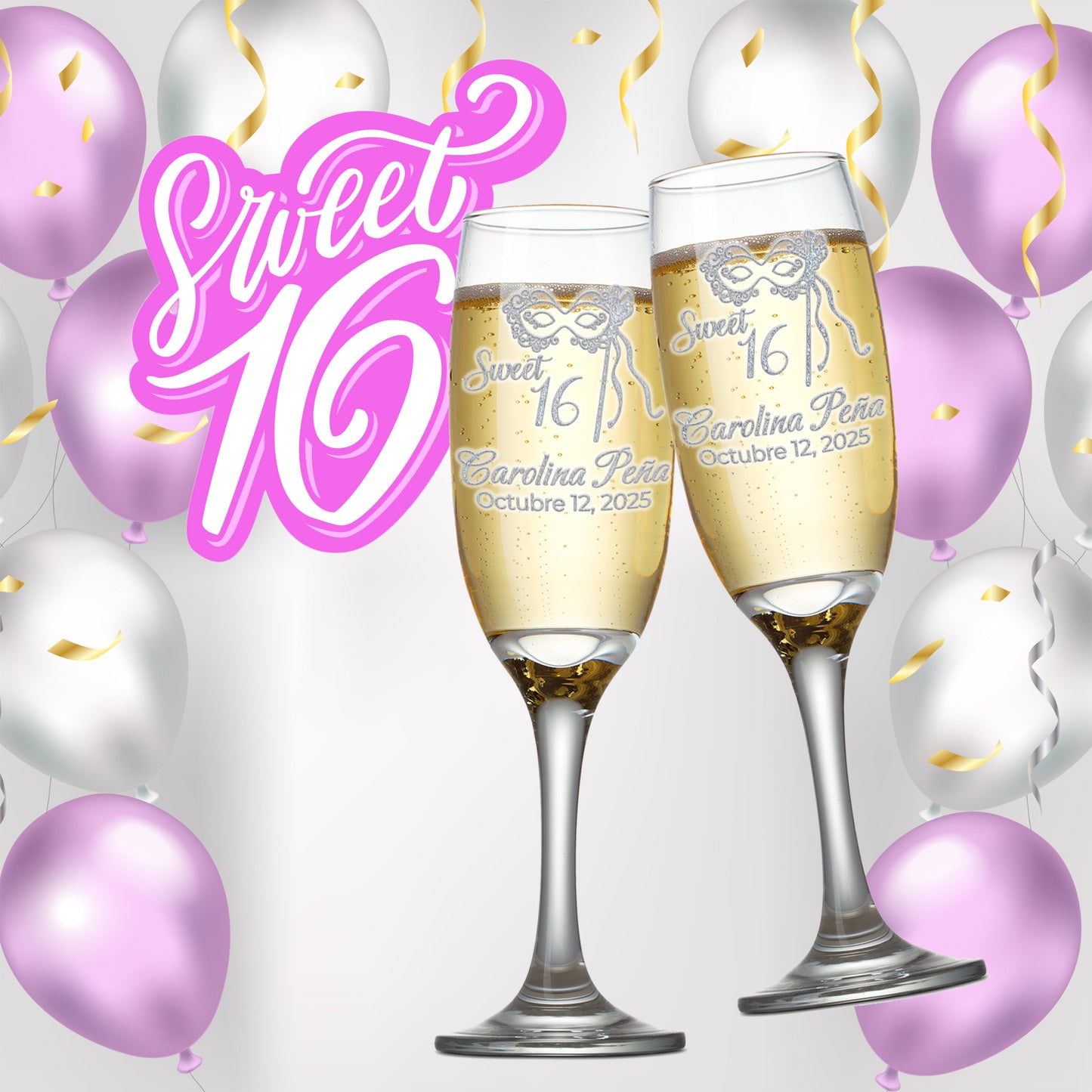 Etch Workz Custom Engraved Sweet 16 Champagne Flutes | Mask Design | Set of 2