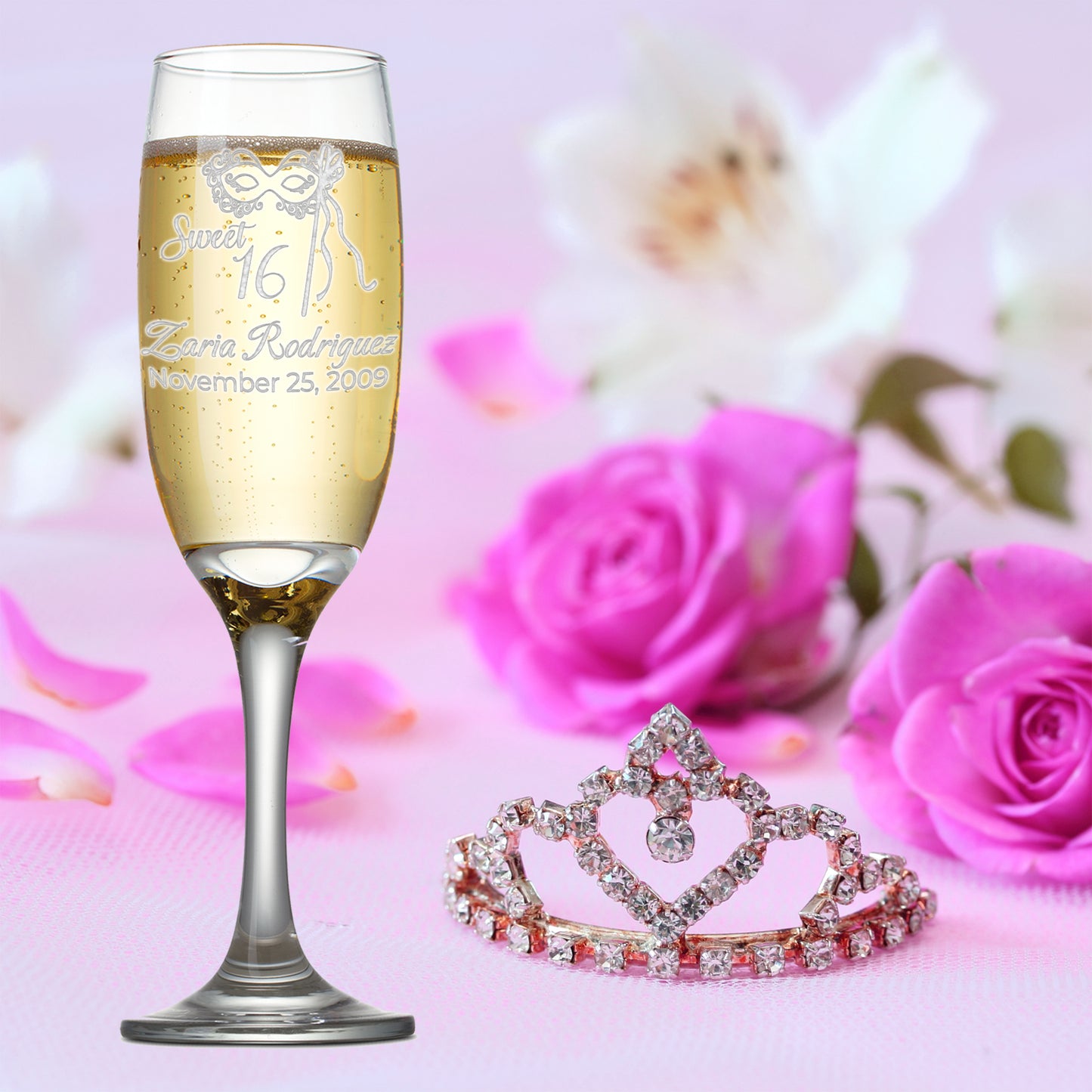Etch Workz Custom Engraved Sweet 16 Champagne Flutes | Mask Design | Set of 2
