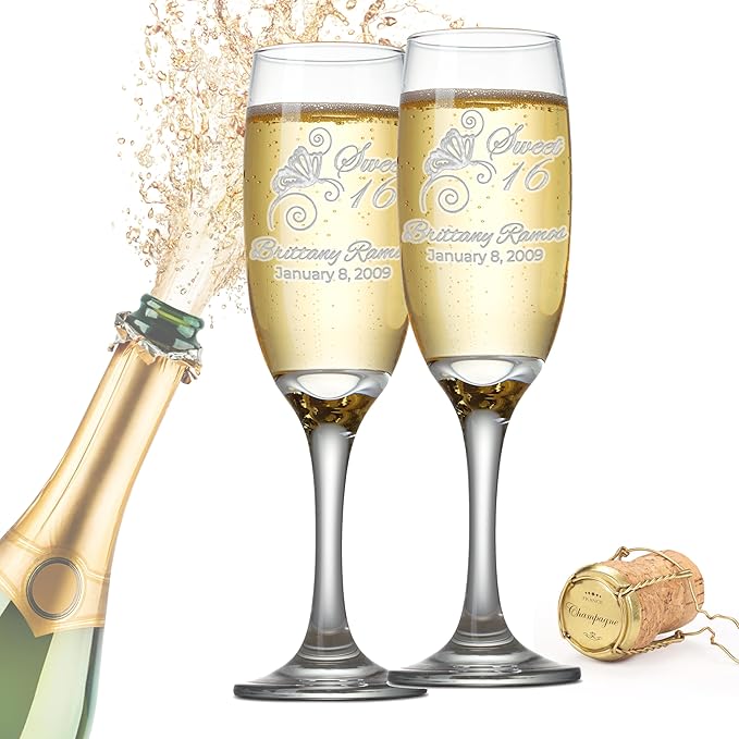 Etch Workz Engraved Sweet 16 Champagne Flutes | Butterfly Design - Set of 2