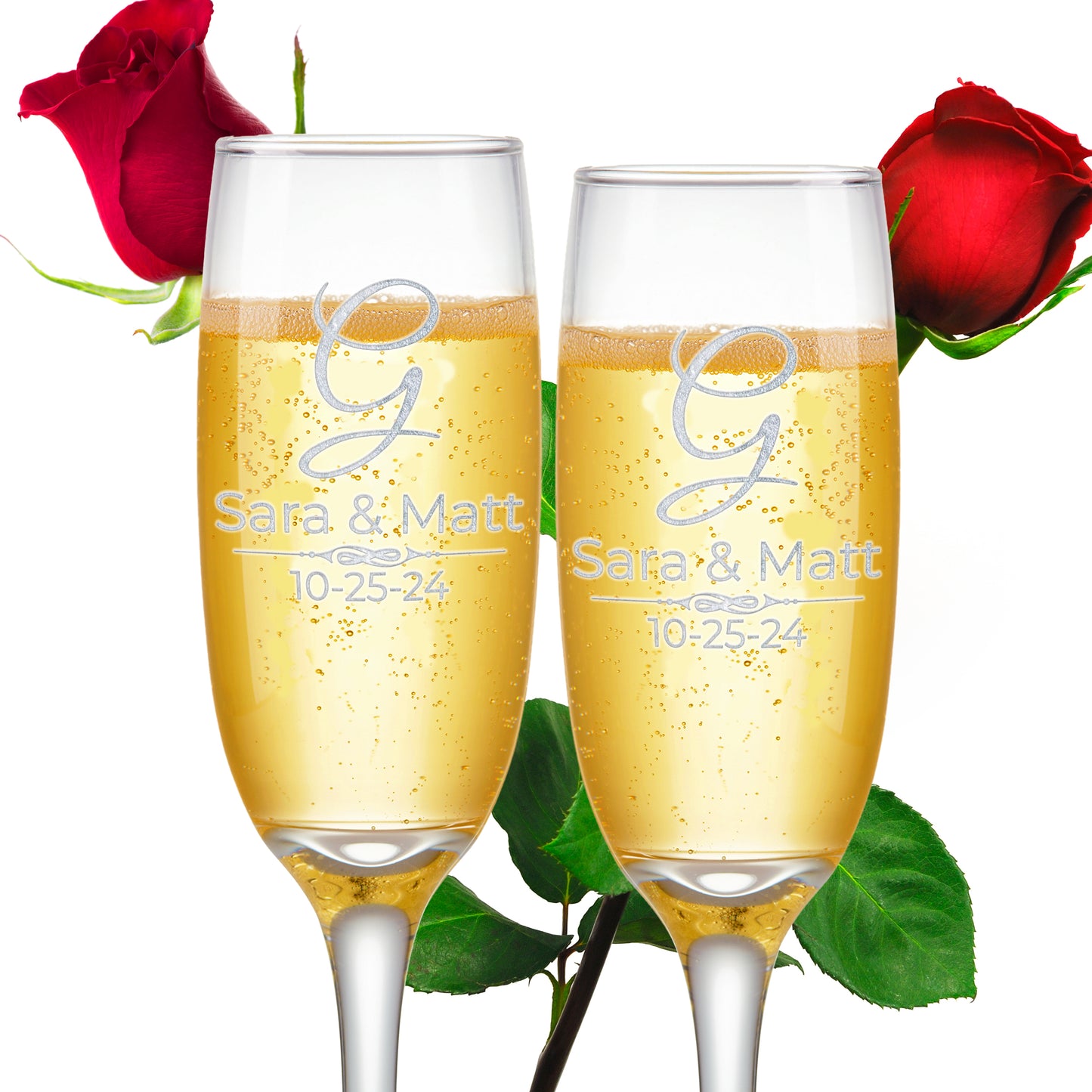 Etch Workz Custom Engraved Champagne Flutes | Monogram Design | Set of