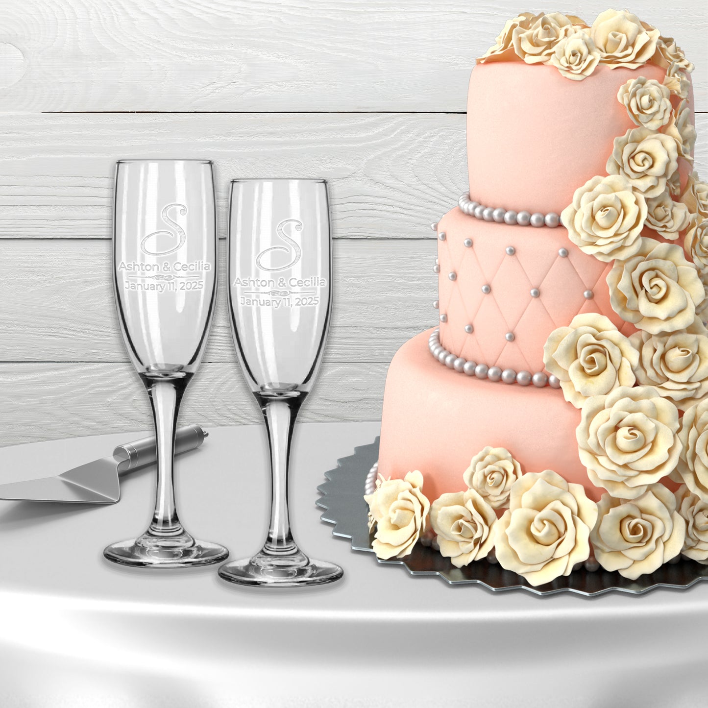 Etch Workz Custom Engraved Champagne Flutes | Monogram Design | Set of
