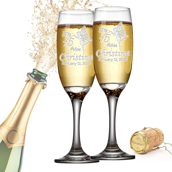 Etch Workz Custom Engraved Champagne Flutes Set of 2 - Sweet 16 Fairy Design - Personalized with Name and Date of Birth - Elegant Keepsake Toasting Glasses for Birthday Celebrations