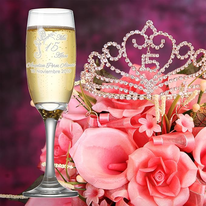 Etch Workz Engraved Sweet 16 Champagne Flutes | Butterfly Design - Set of 2