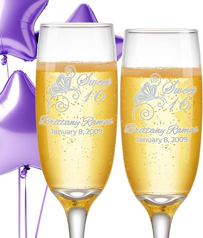 Etch Workz Engraved Sweet 16 Champagne Flutes | Butterfly Design - Set of 2