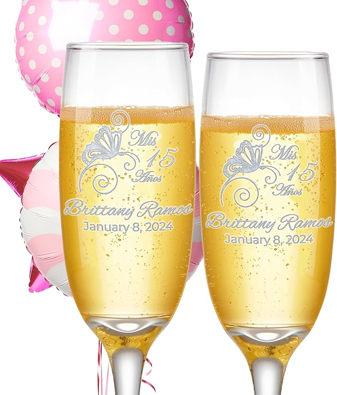 Etch Workz Engraved Sweet 16 Champagne Flutes | Butterfly Design - Set of 2