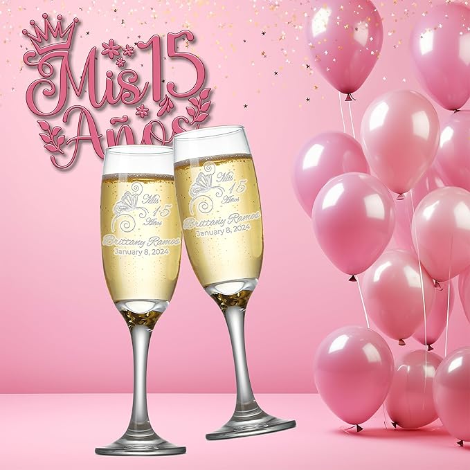 Etch Workz Engraved Sweet 16 Champagne Flutes | Butterfly Design - Set of 2