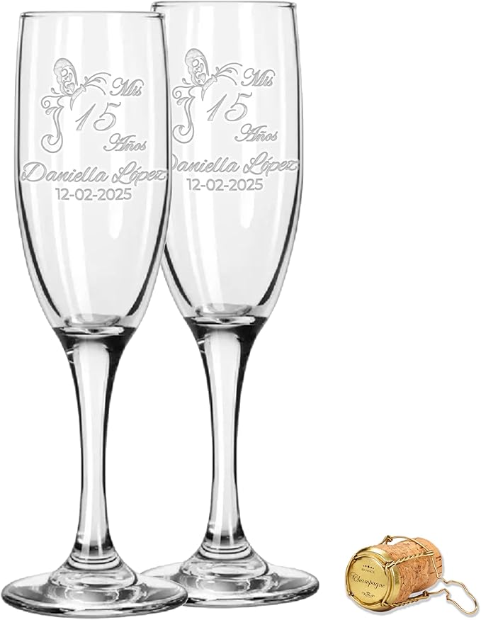 Etch Workz Engraved Sweet 16 Champagne Flutes | Butterfly Design - Set of 2