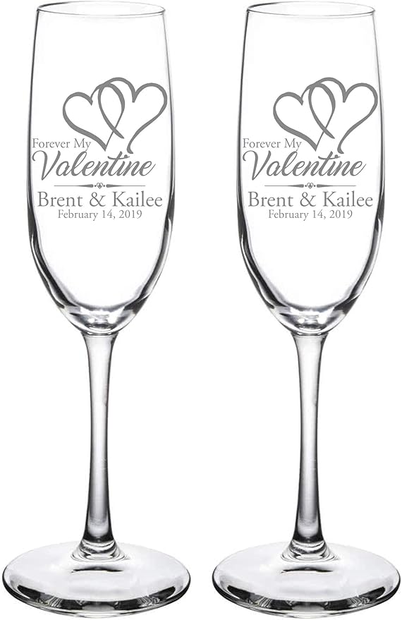 Valentine's Day Engraved Champagne Flutes - Set of 2 - Couples Name and Date – Personalized for Valentine's Day - Custom Engraved