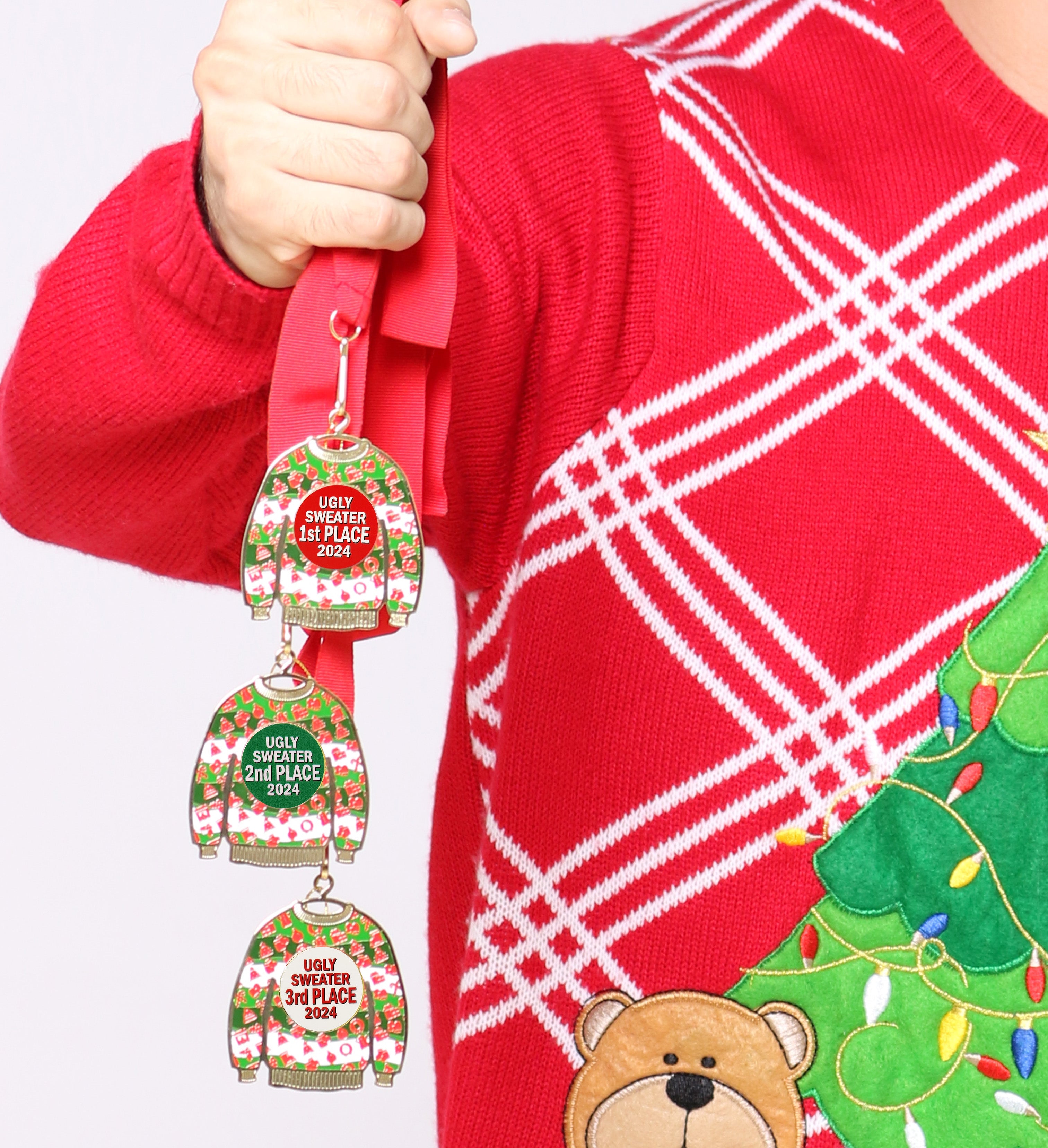 Ugly Sweater 1st Place Winner Prize Ornament Medal | Personalized with Year 2024 | Choice of Winner, 1st Place or 1st, 2nd, 3rd Place Bundle