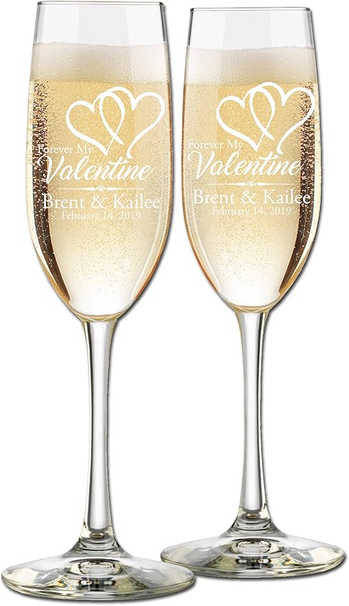 Valentine's Day Engraved Champagne Flutes - Set of 2 - Couples Name and Date – Personalized for Valentine's Day - Custom Engraved