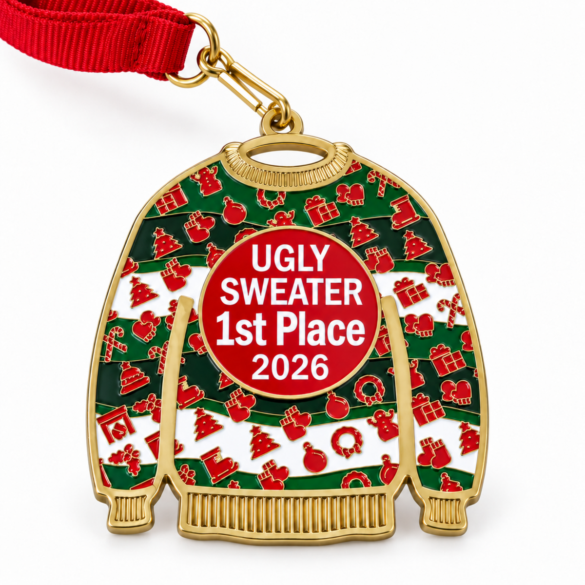 A Christmas-themed enamel medal shaped like an ugly sweater, featuring a green and white patterned body with red holiday icons and a central red circle reading 'UGLY SWEATER 1st Place 2026.' The medal has a gold-tone border and clasp and is attached to a red ribbon, shown on a clean white background.