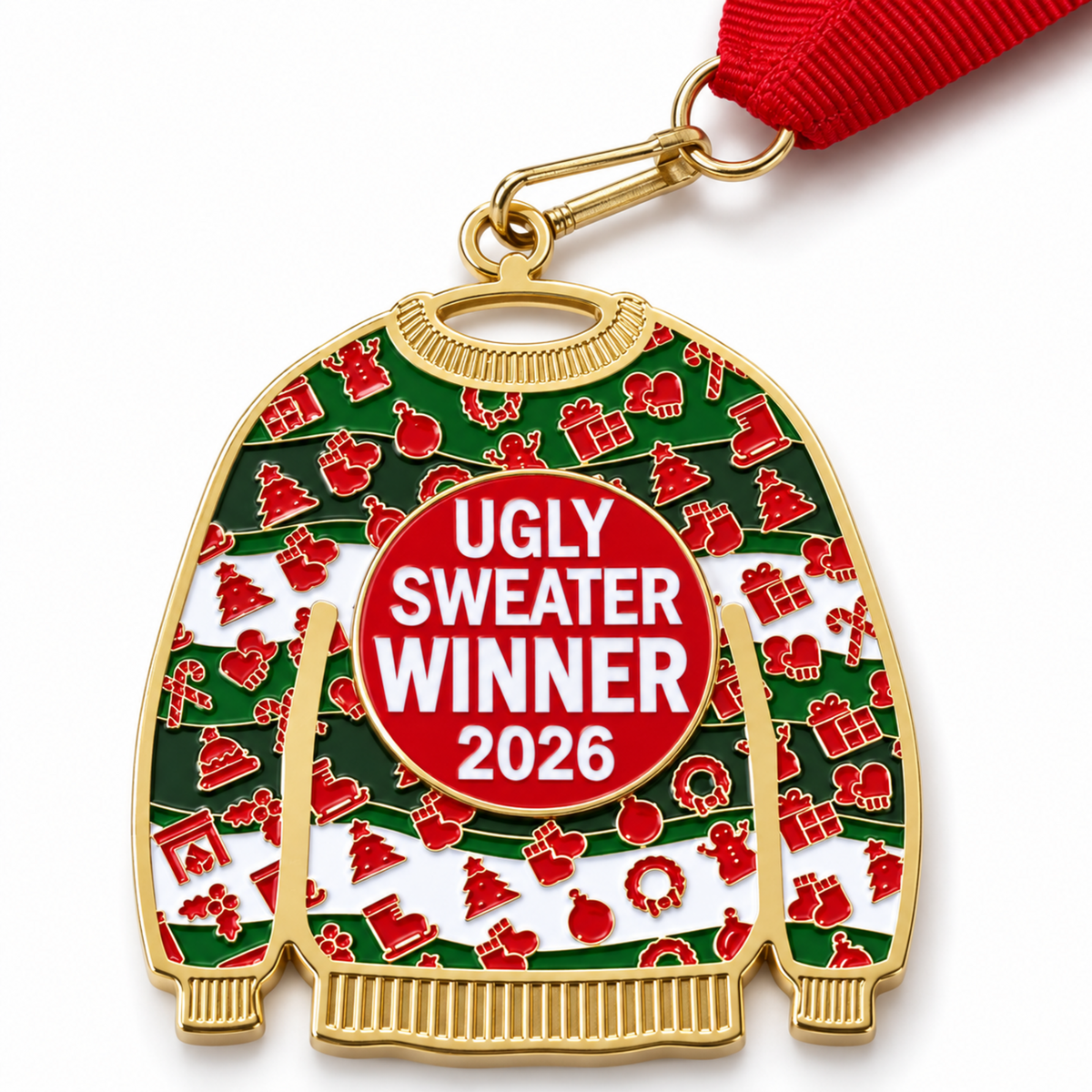 A novelty medal shaped like a Christmas sweater with a red ribbon, featuring a green and white holiday pattern with red icons, a red center badge reading 'UGLY SWEATER WINNER 2026,' and gold-tone metal trim and clasp.