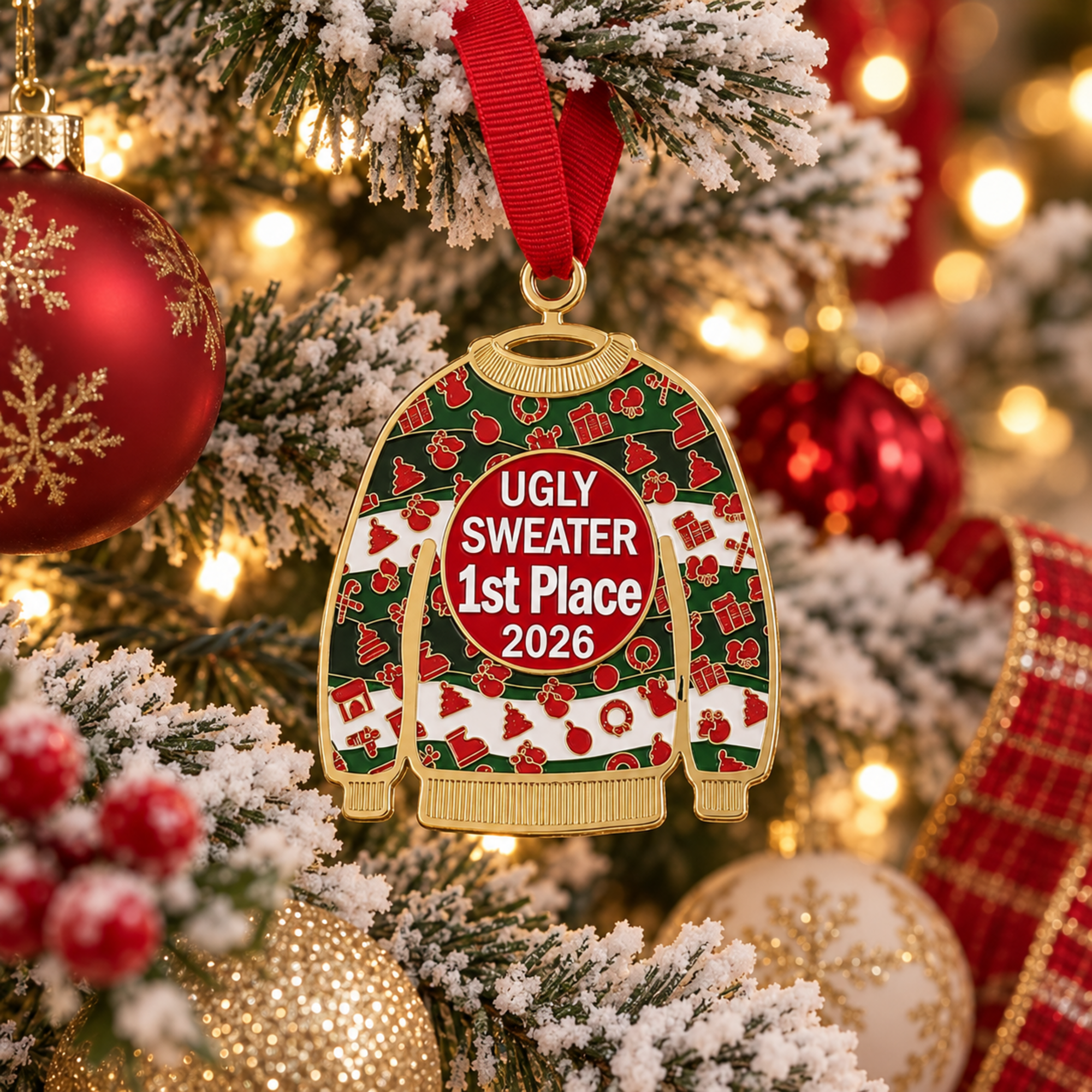 A Christmas ornament shaped like an ugly sweater hanging on a decorated tree. The ornament has a green body with red and white holiday patterns, a red ribbed collar and hem, and a central red circle reading “UGLY SWEATER 1st Place 2026.