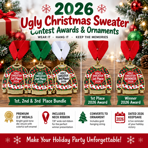 Promotional graphic for 2026 Ugly Christmas Sweater contest awards and ornaments, showing four example medals and ornaments with red ribbons and holiday-themed text and holiday decorations.