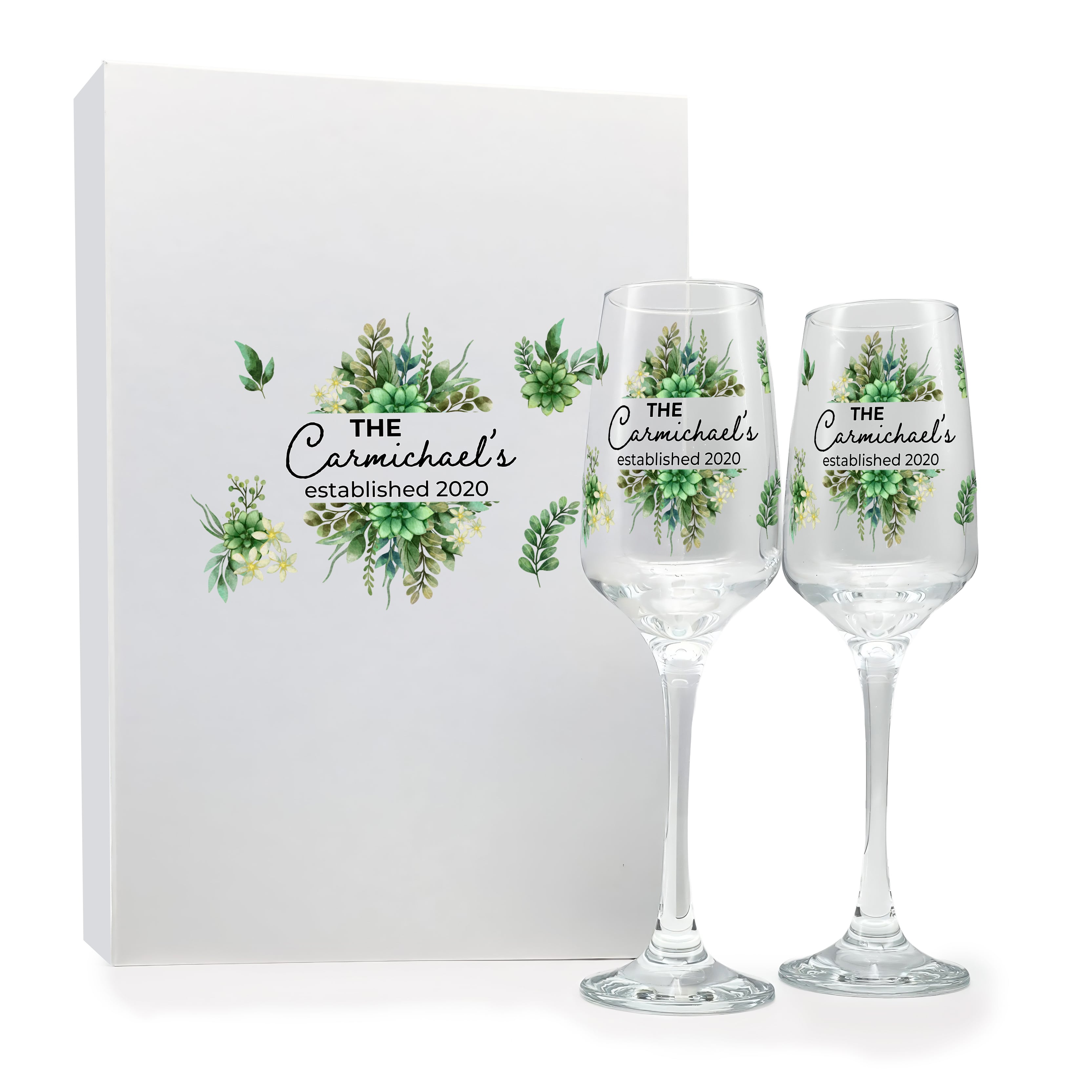 Personalized Wedding Champagne Flutes – Full Color UV Printed | Beautiful Botanical Design | Customized with Names & Date – Set of 2