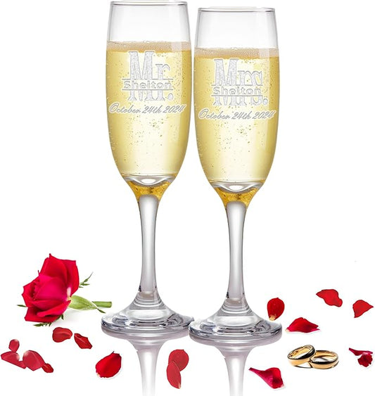 Custom Engraved Wedding Champagne Flutes with Mr and Mrs Design, Set of 2