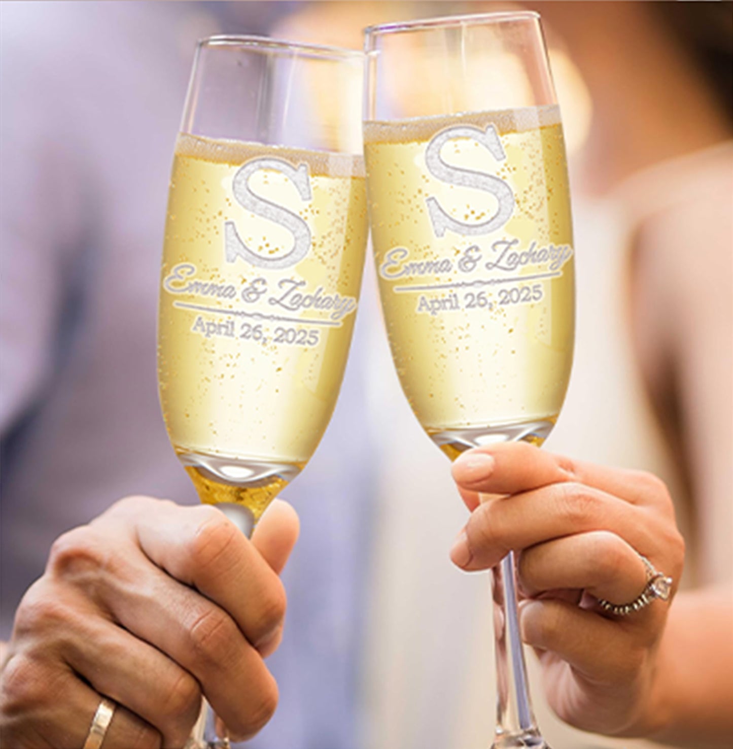 Etch Workz Custom Engraved Champagne Flutes | Block Monogram Design | Set of 2