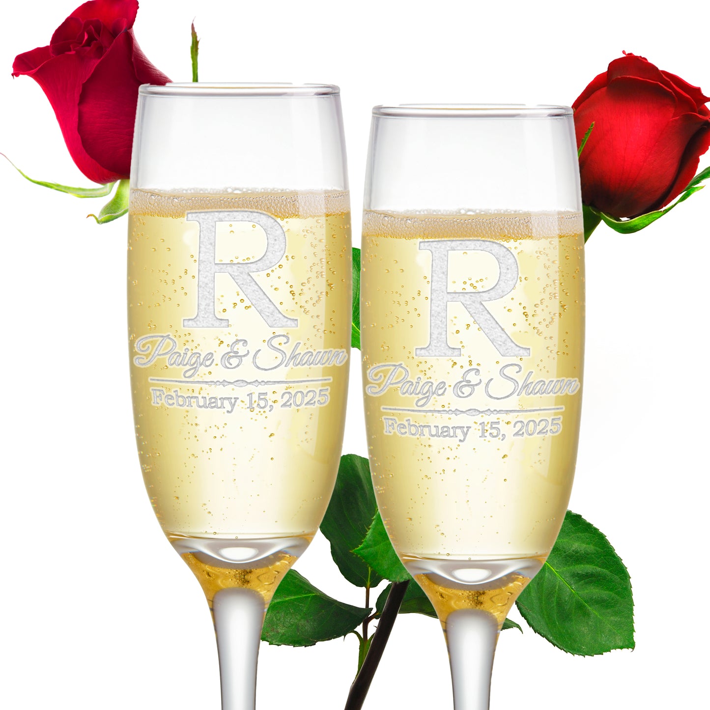 Etch Workz Custom Engraved Champagne Flutes | Block Monogram Design | Set of 2