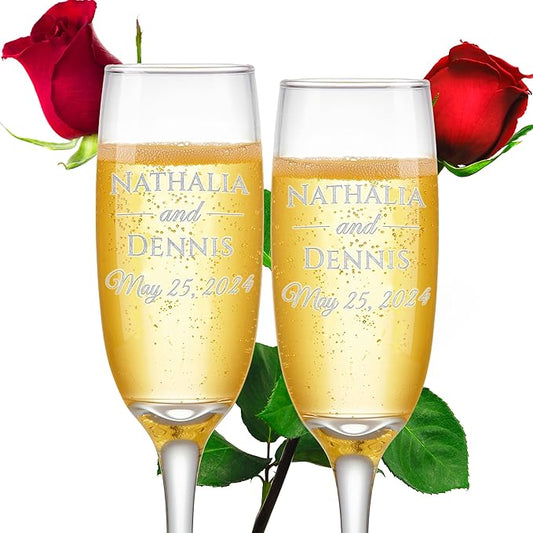 Custom Engraved Wedding Champagne Flutes, Personalized Couple Glasses, Set of 2