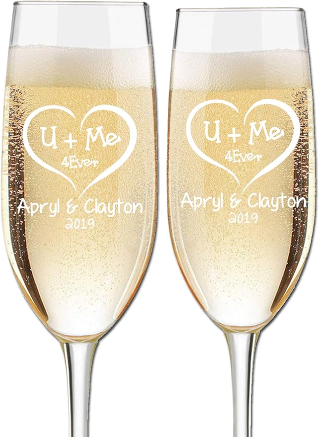 Etch Workz Custom Engraved Champagne Flutes | Couples Name and Date | Set of 2