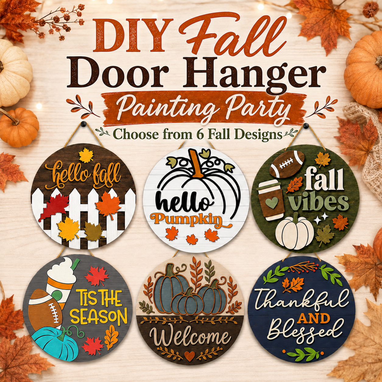 DIY fall door hanger painting party, select from six round fall-themed designs. Mobile parties offered in San Antonio Texas and the surrounding area.