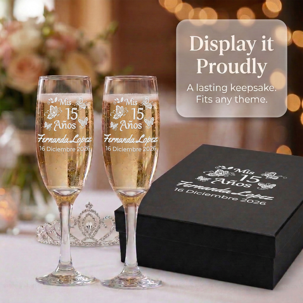 Personalized Quinceanera Toasting Glasses | Butterfly Design | Set of 2 Champagne Flutes