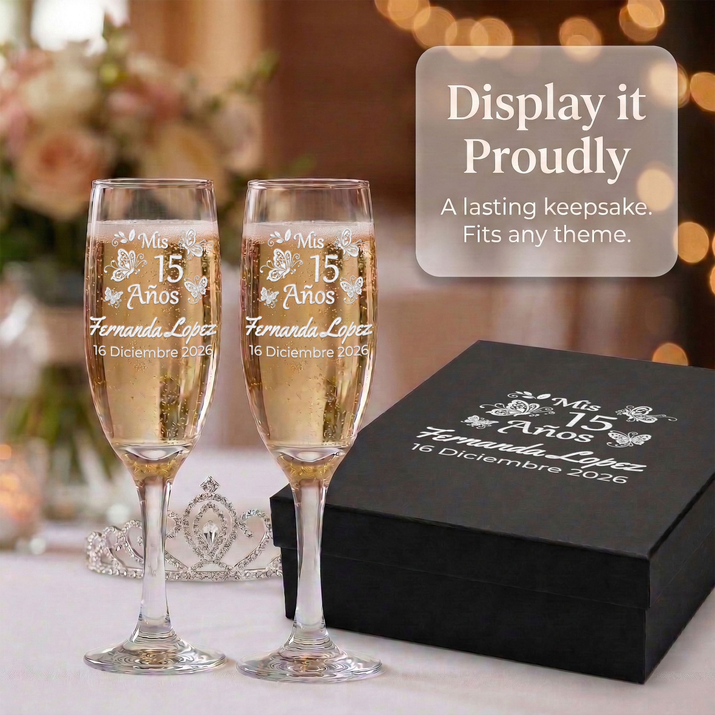 Personalized Quinceanera Toasting Glasses | Butterfly Design | Set of 2 Champagne Flutes